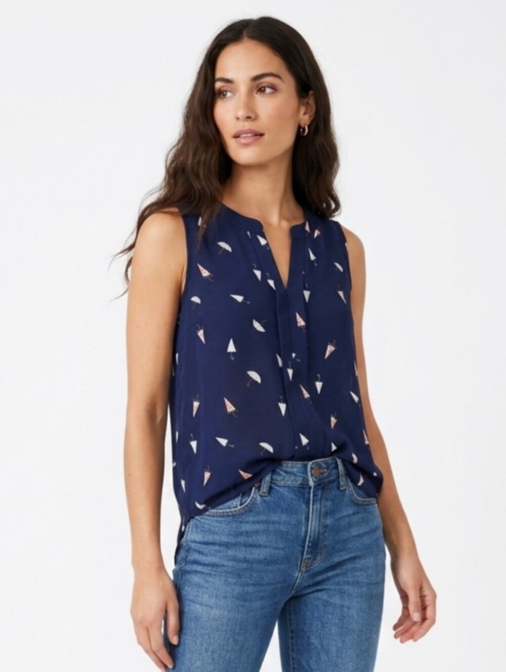 FAITH & JOY Cute 🌂 Umbrella Print sleeveless top Blouse Tank Navy Blue SZ S